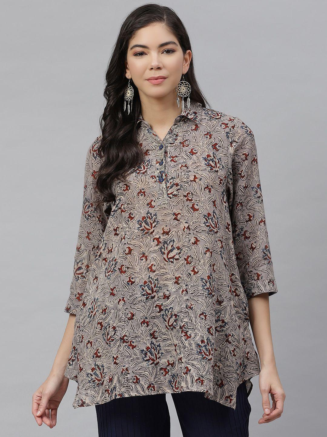 fabindia-grey-&-maroon-shirt-collar-kalamkari-printed-tunic