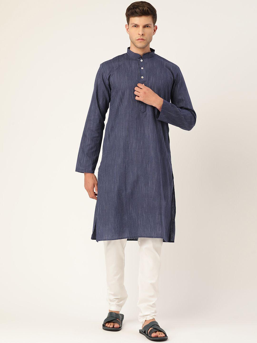 rajubhai-hargovindas-men-navy-blue-&-white-striped-pure-cotton-kurta-with-churidar