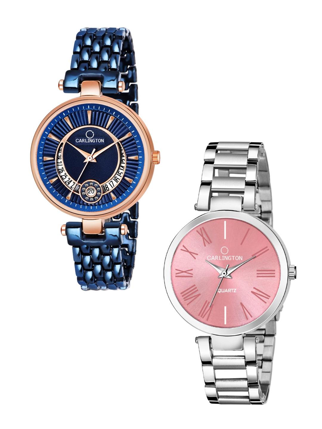 carlington-women-blue-&-pink-set-of-2-analogue-watches