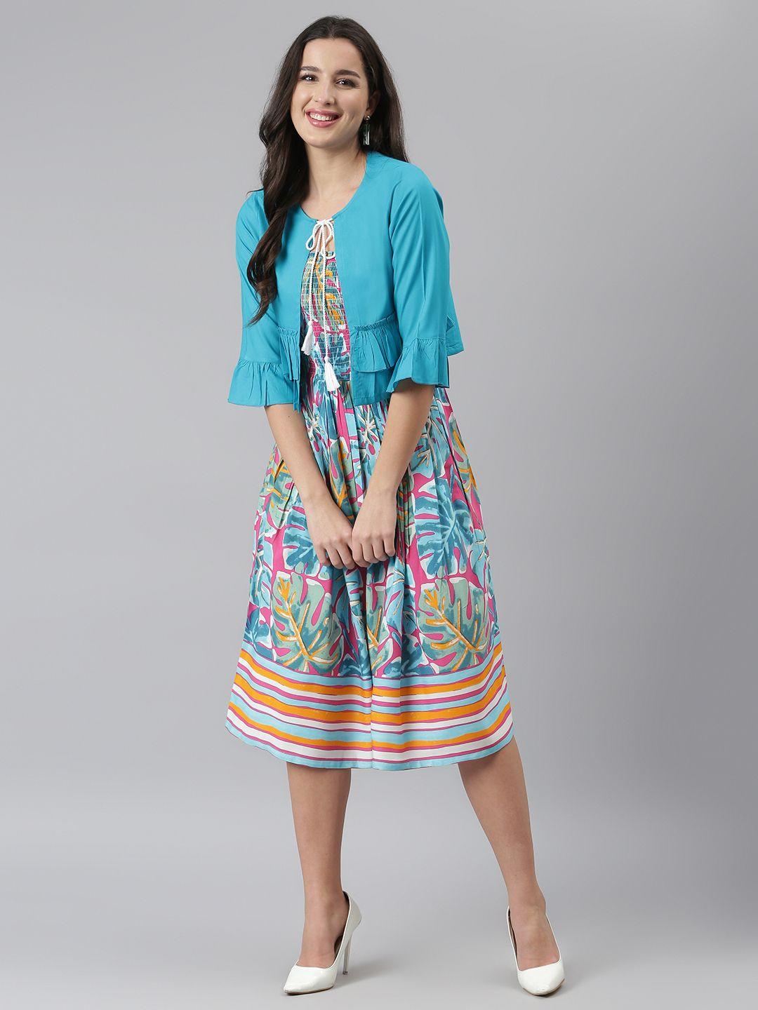 deebaco-turquoise-blue-tropical-printed-smocked-fit-&-flare-dress-with-shrug