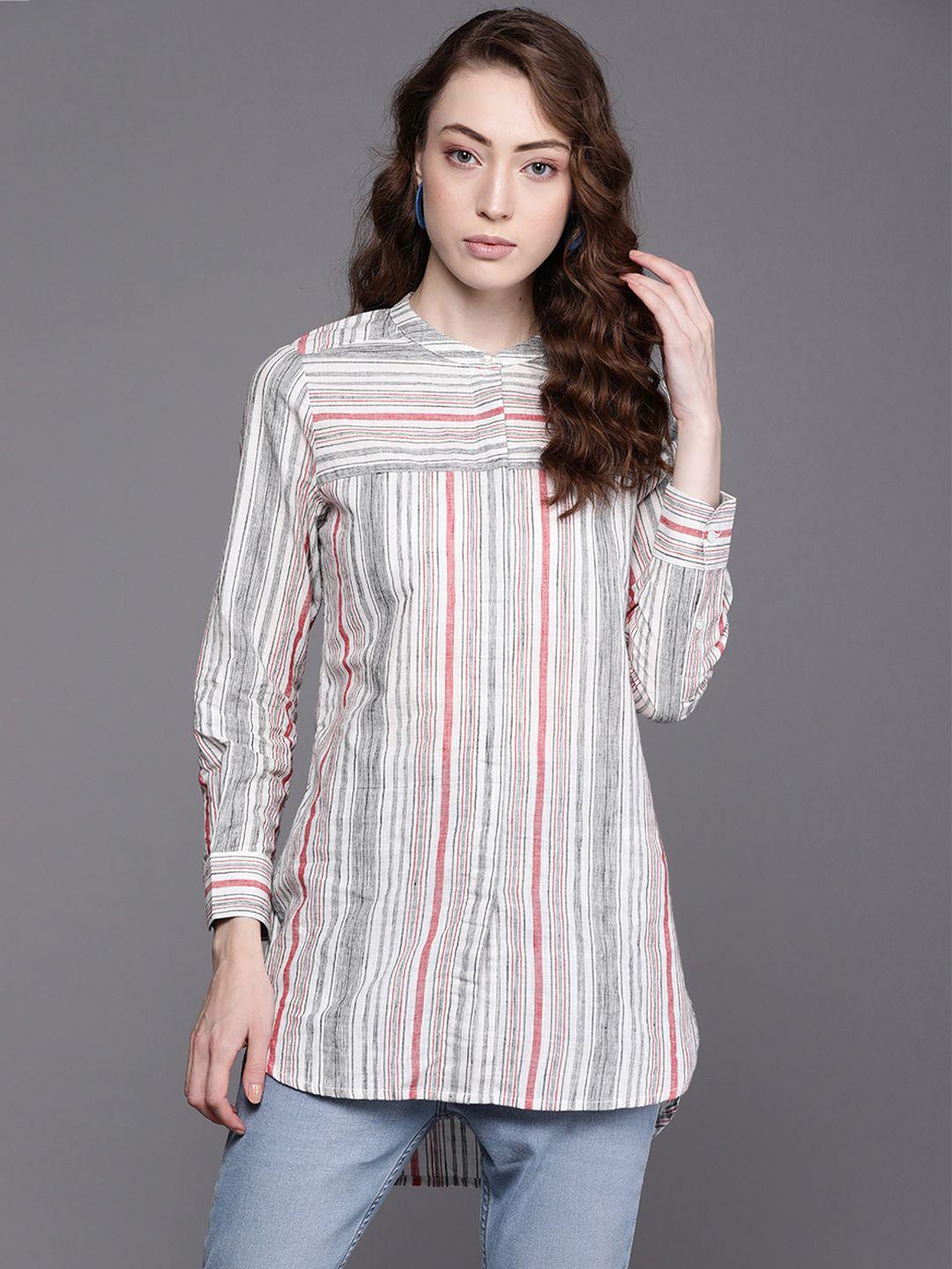 fabindia-white-&-red-mandarin-collar-striped-pure-cotton-tunic