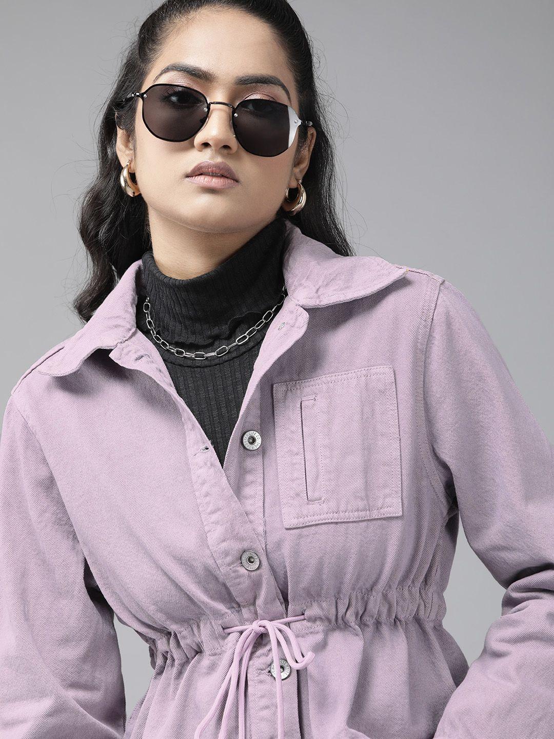 roadster-women-lavender-pure-cotton-waist-tie-up-detail-denim-jacket