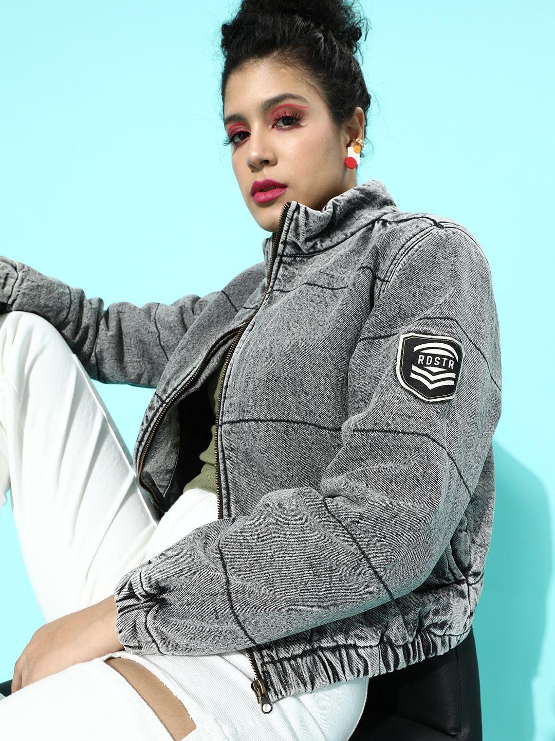 roadster-women-grey-striped-comfort-quilted-jacket