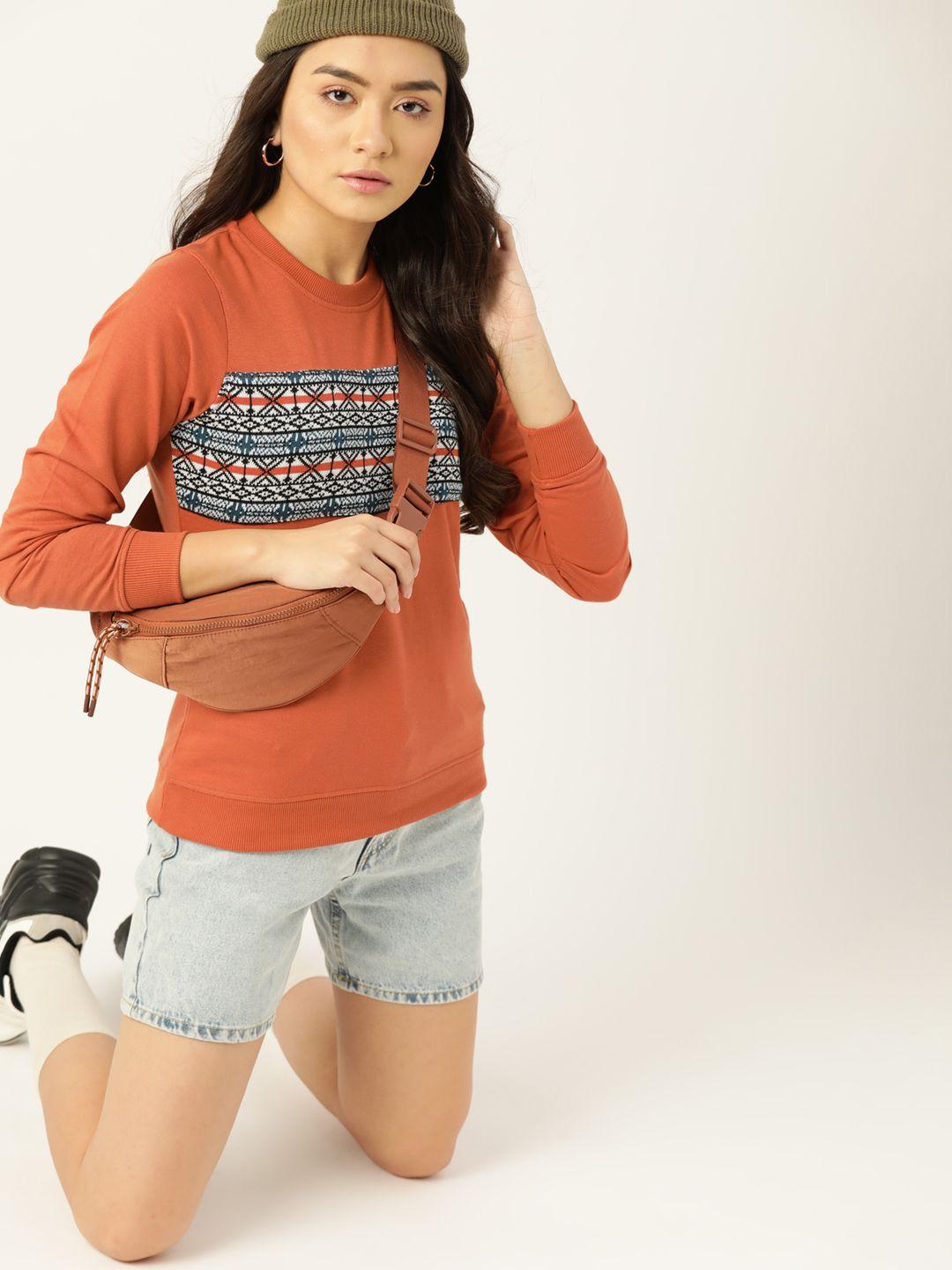 dressberry-women-rust-orange-&-blue-self-design-sweatshirt
