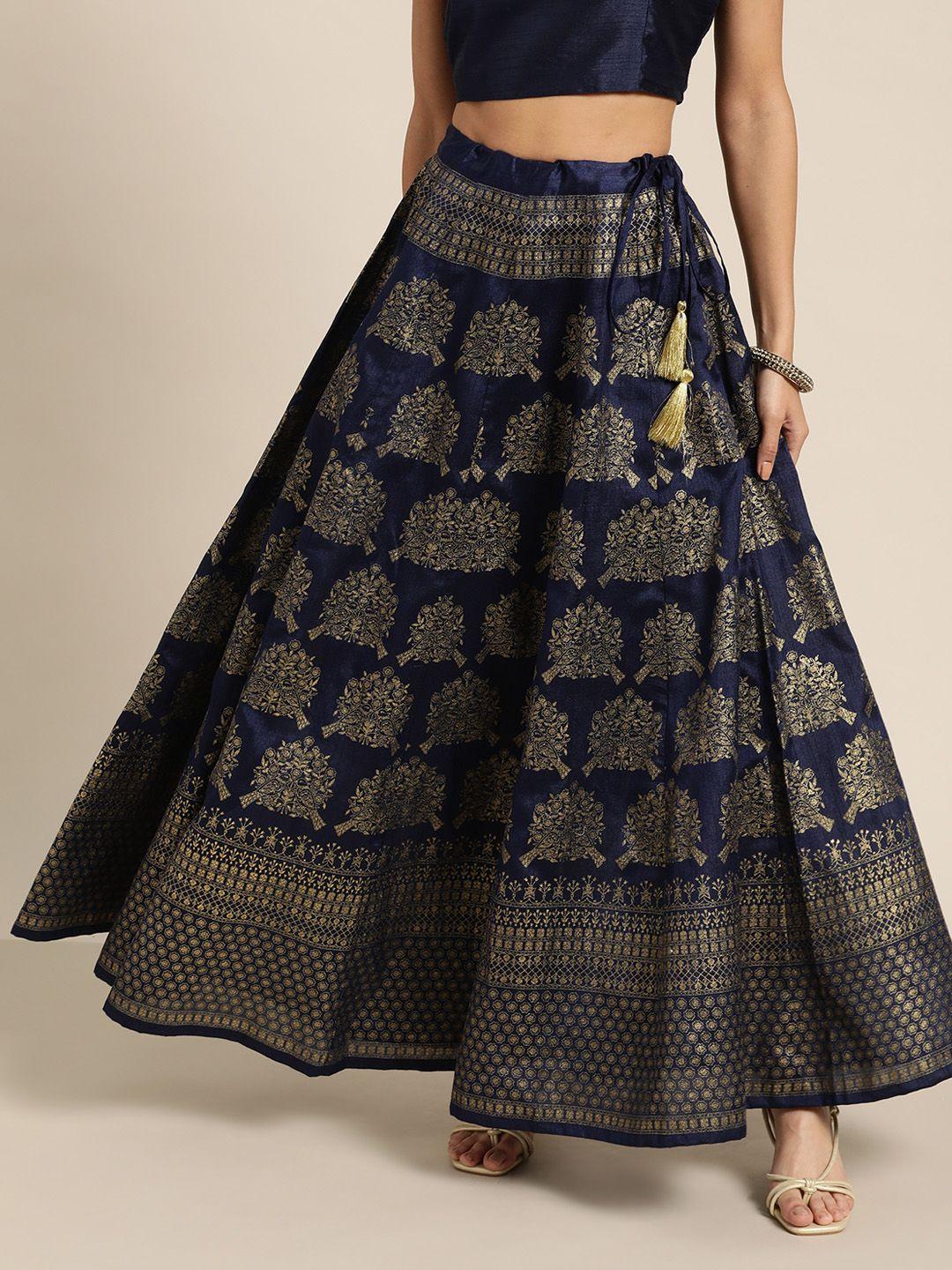 shae-by-sassafras-navy-blue-&-golden-foil-print-flared-maxi-skirt