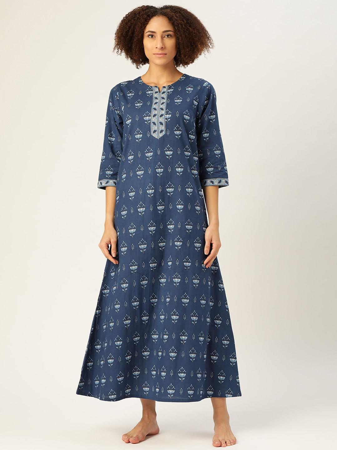 mbeautiful-women-navy-blue-&-white-pure-cotton-ethnic-print-maxi-nightdress