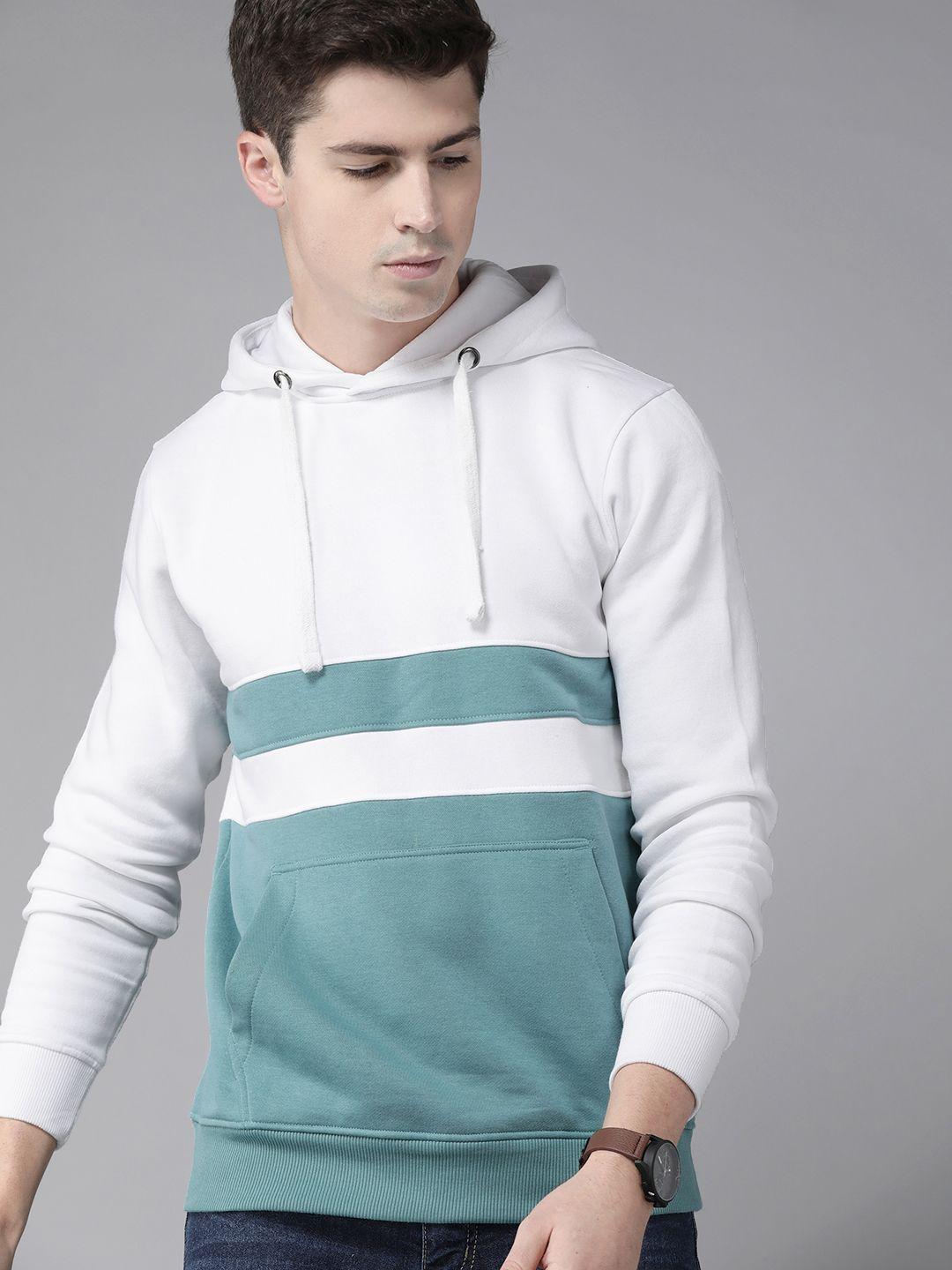 roadster-men-white-&-sea-green-colourblocked-hooded-sweatshirt