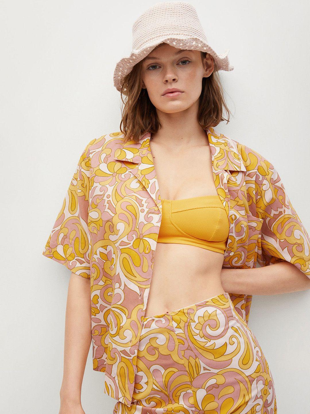 mango-women-yellow-&-pink-pure-cotton-printed-casual-shirt