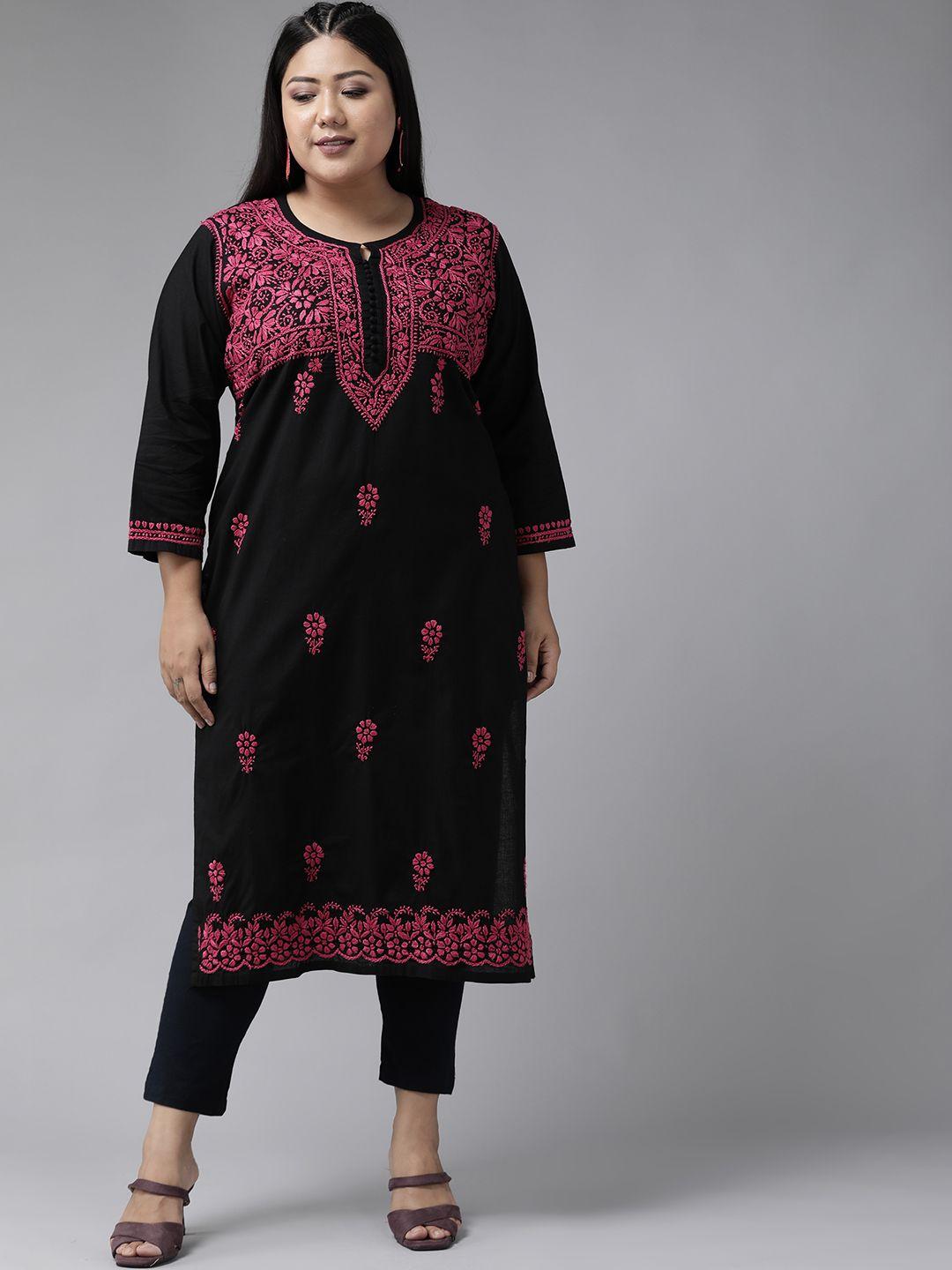 ada-plus-size-women-black-&-pink-cotton-ethnic-motifs-embroidered-chikankari-kurta