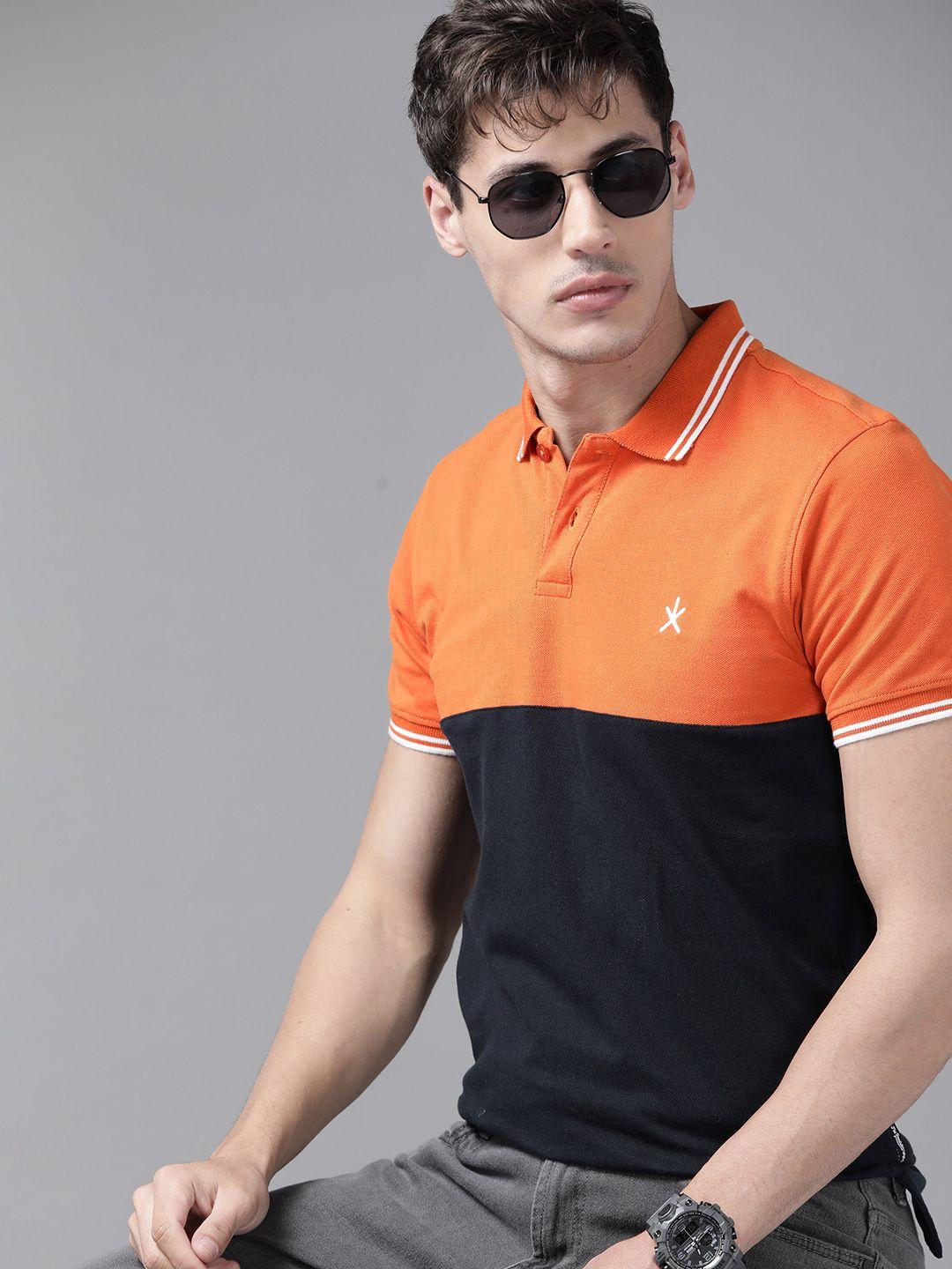 roadster-men-orange-&-black-pure-cotton-colourblocked-polo-collar-t-shirt