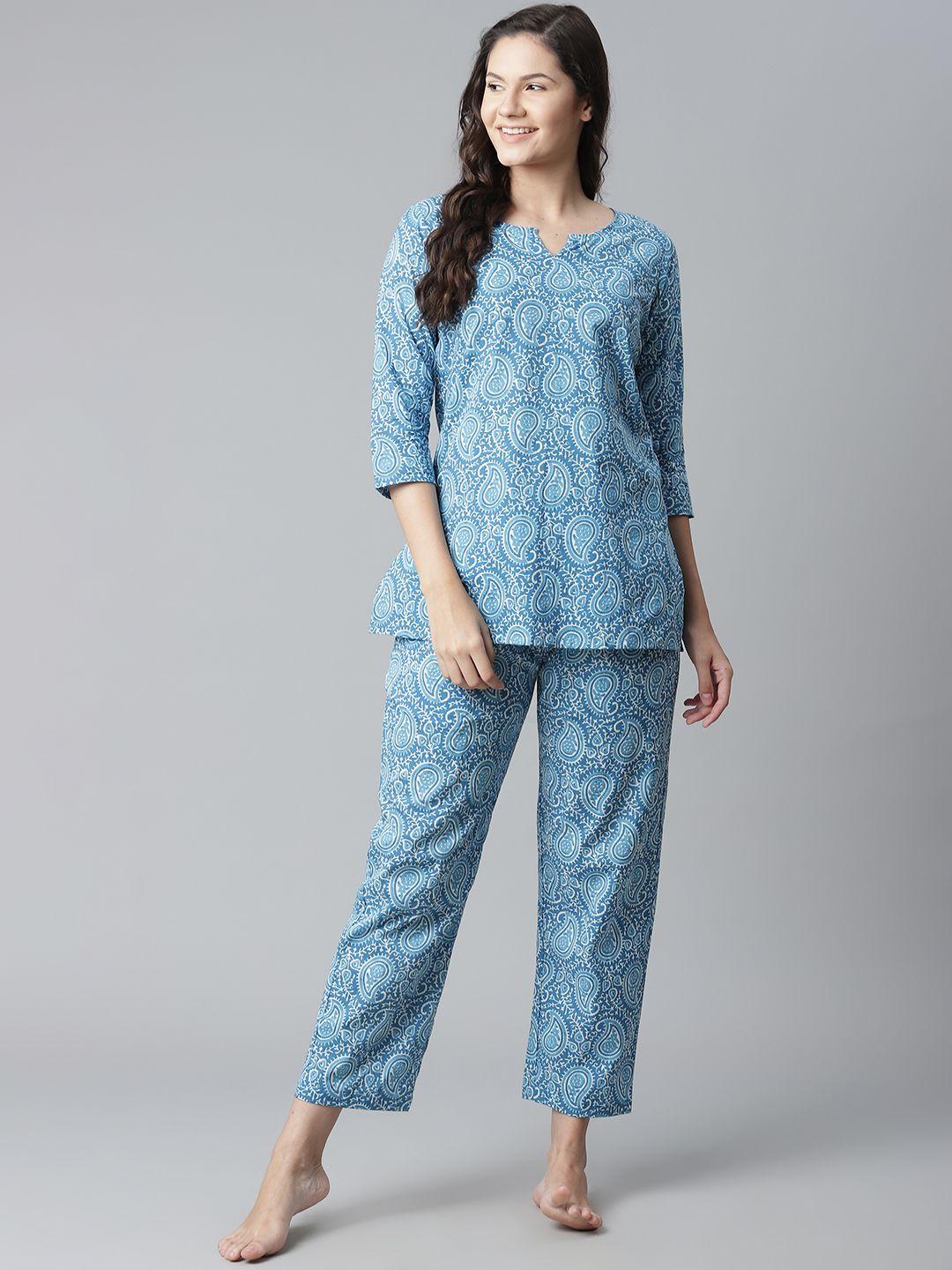 divena-women-blue-&-white-ethnic-motifs-print-pure-cotton-pyjamas-set