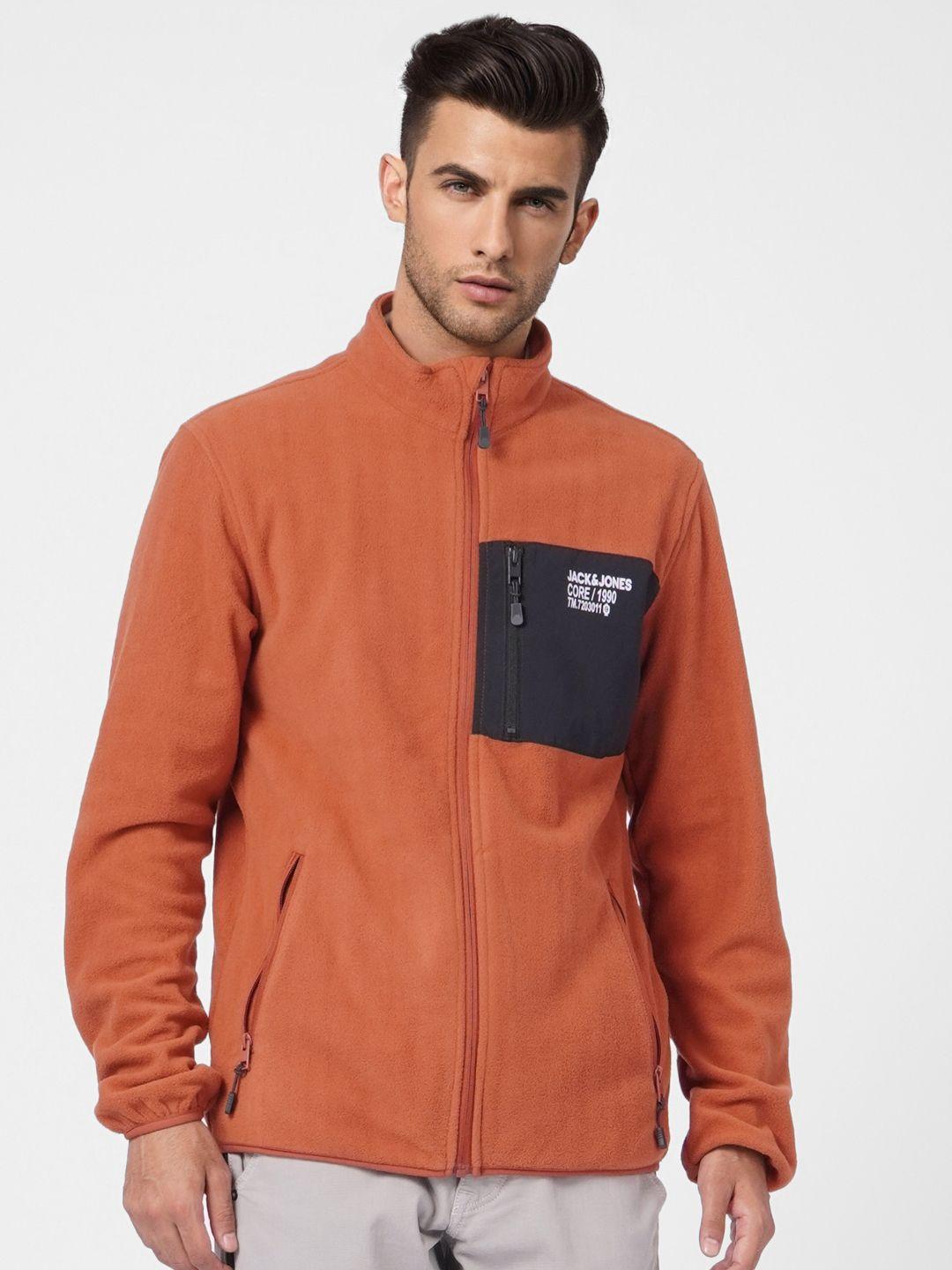 jack-&-jones-men-rust-orange-brand-logo-printed-tailored-polar-fleece-jacket