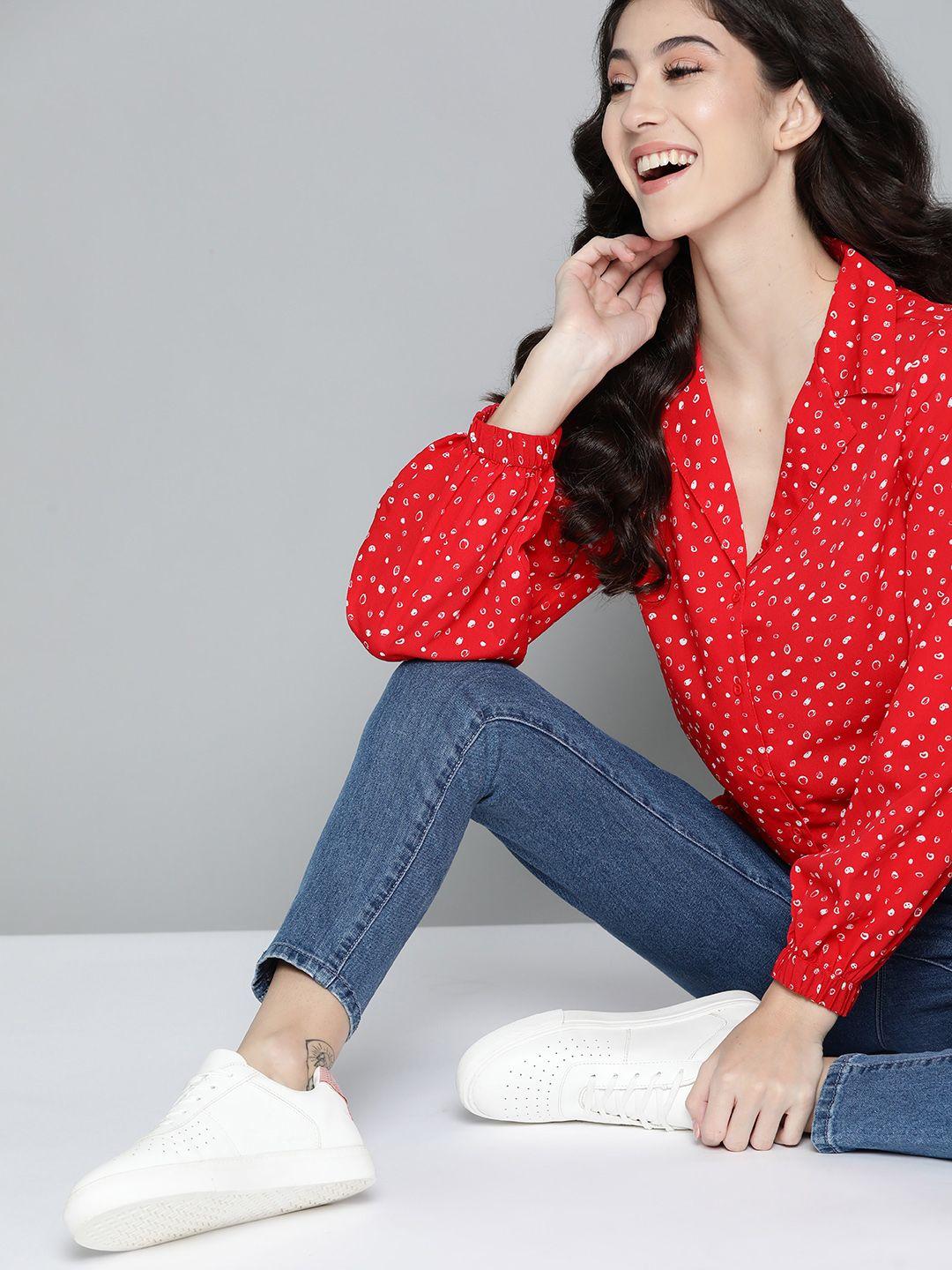mast-&-harbour-women-red-&-white-printed-casual-shirt