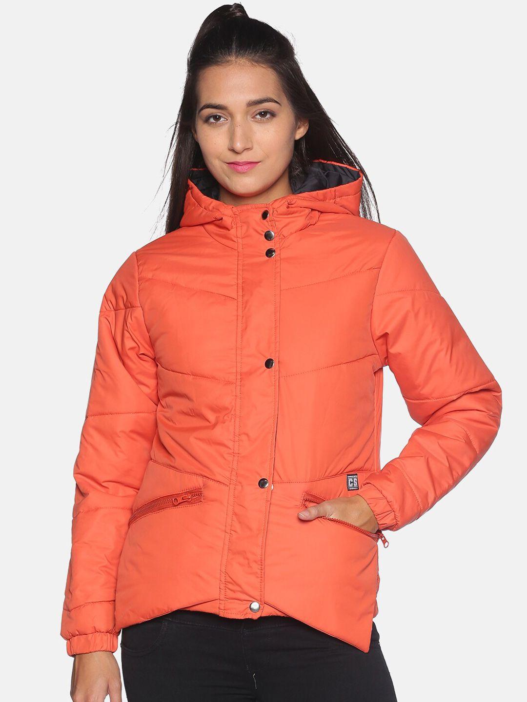 campus-sutra-women-orange-solid-windcheater-hooded-padded-jacket