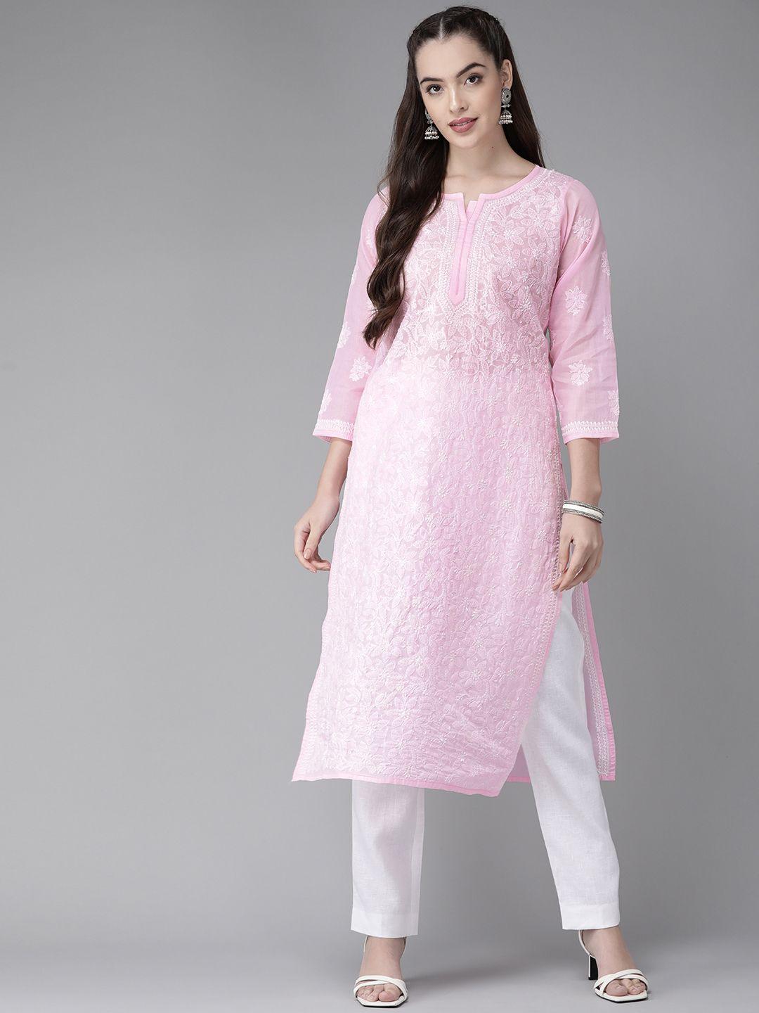 ada-women-pink-cotton-chikankari-hand-embroidered-sustainable-straight-handloom-kurta