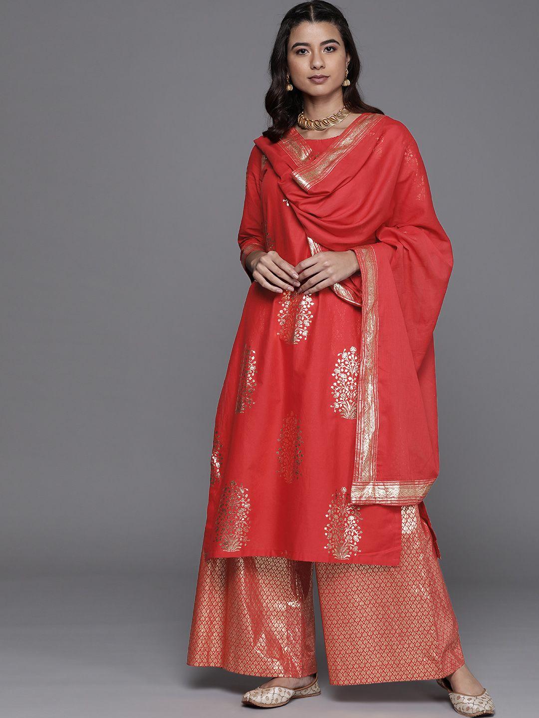 biba-women-red-floral-printed-regular-kurta-with-palazzos-&-with-dupatta