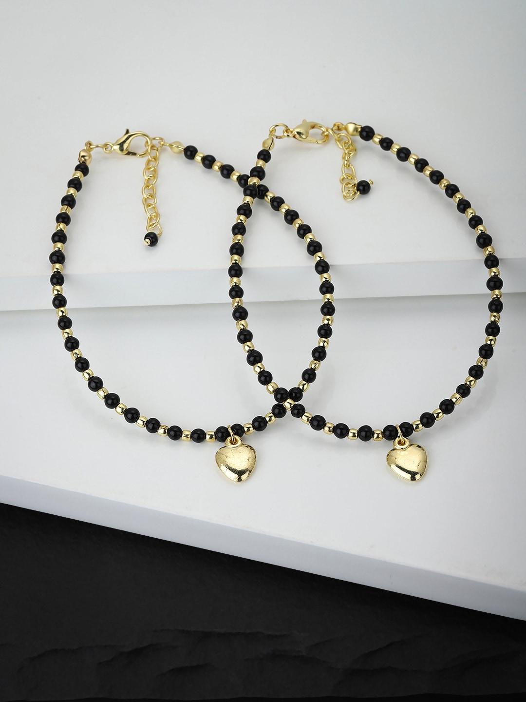 carlton-london-set-of-2-black-&-gold-toned-beaded-anklets-with-heart-charm-detail