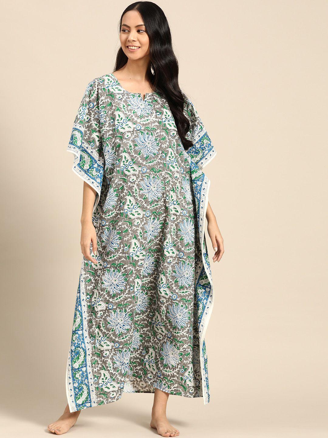prakrti-grey-&-green-pure-cotton-printed-maxi-kaftan-nightdress