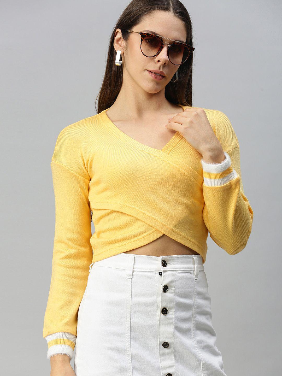 campus-sutra-yellow-solid-wrap-cropped-top