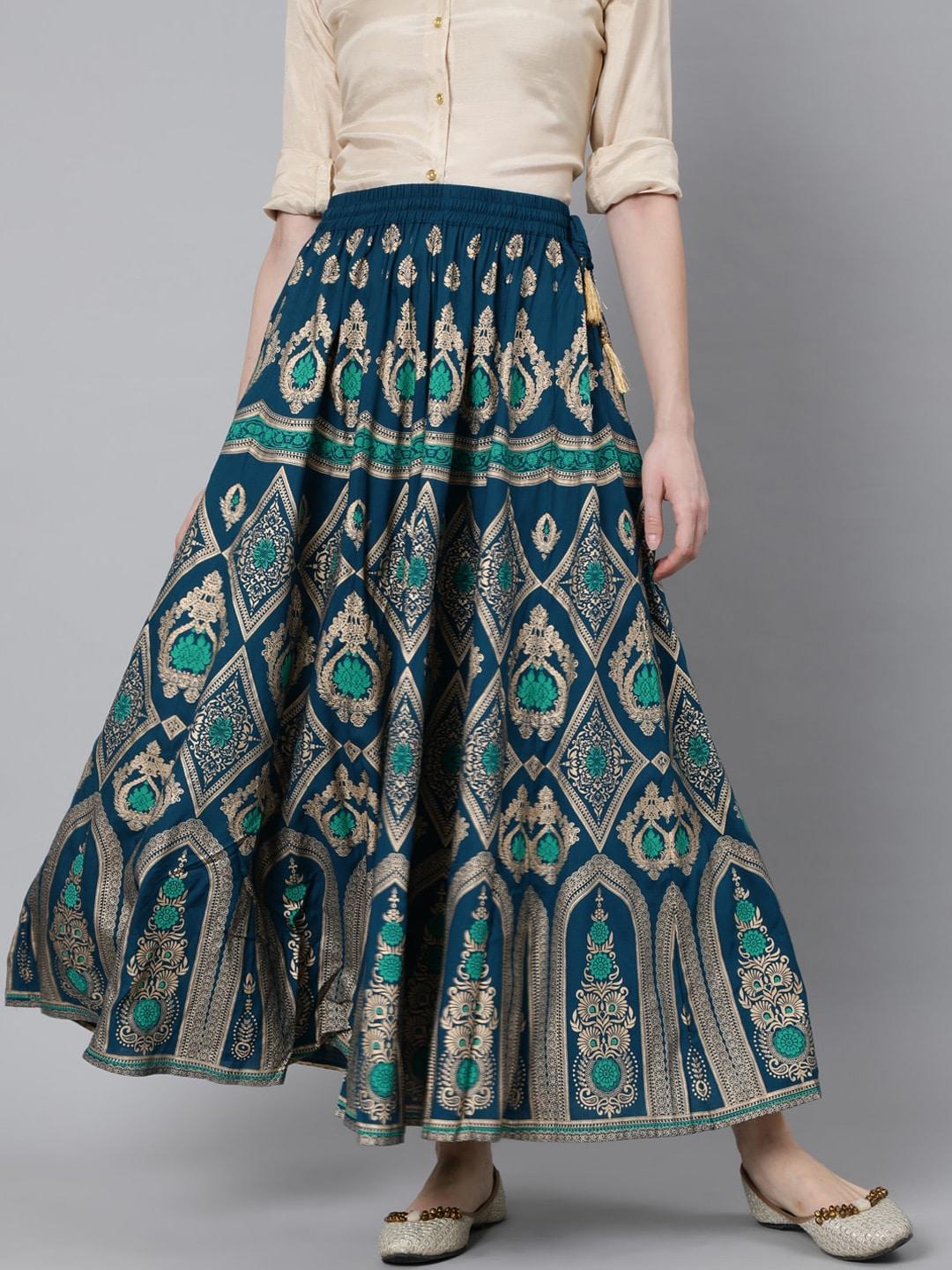 jaipur-kurti-turquoise-blue-&-gold-coloured-printed-maxi-length-skirt