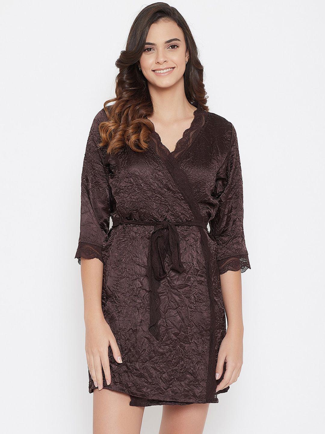 clovia-women-brown-self-patterned-satin-&-lace-robe
