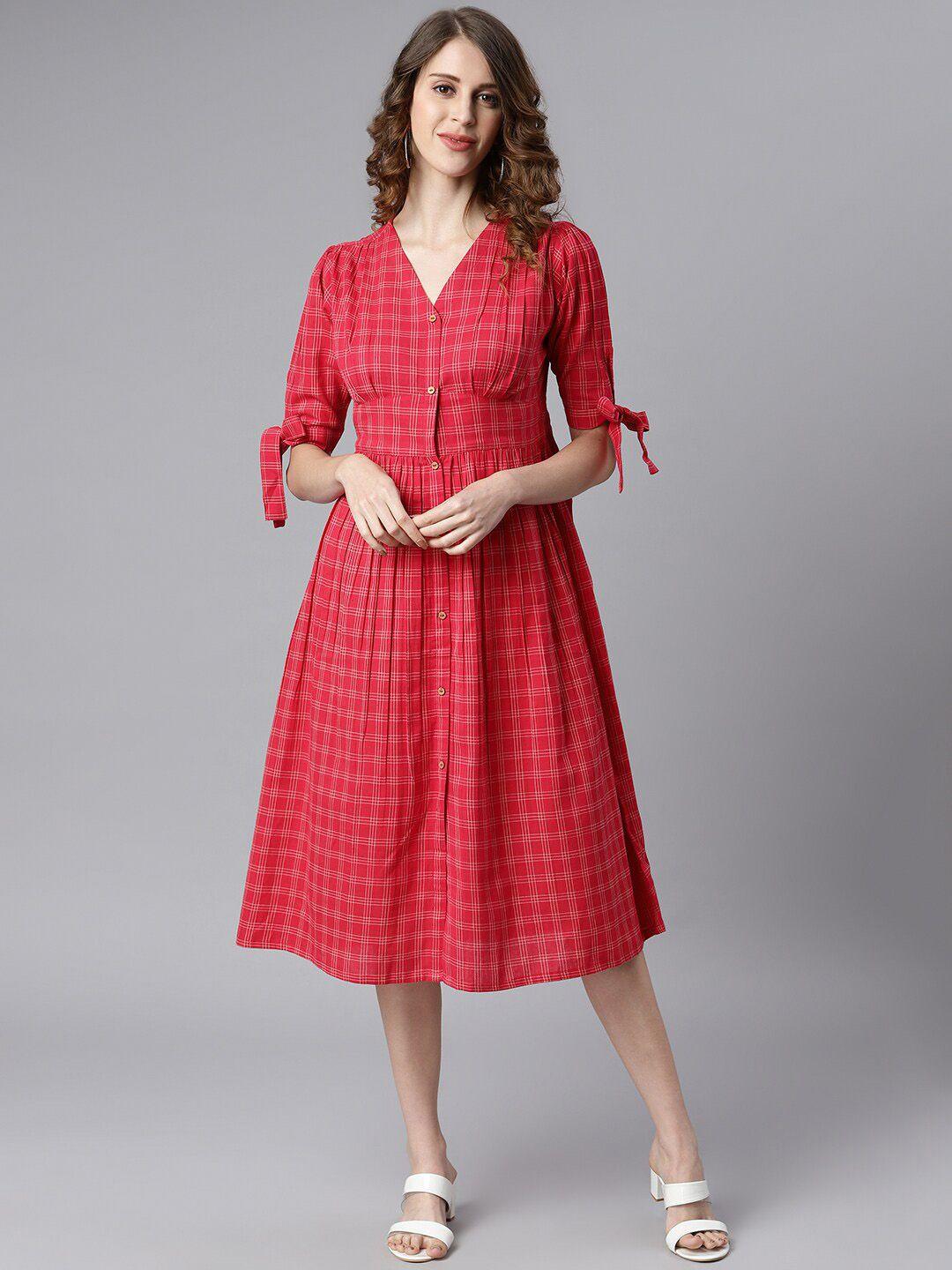 janasya-women-red-checked-a-line-midi-dress