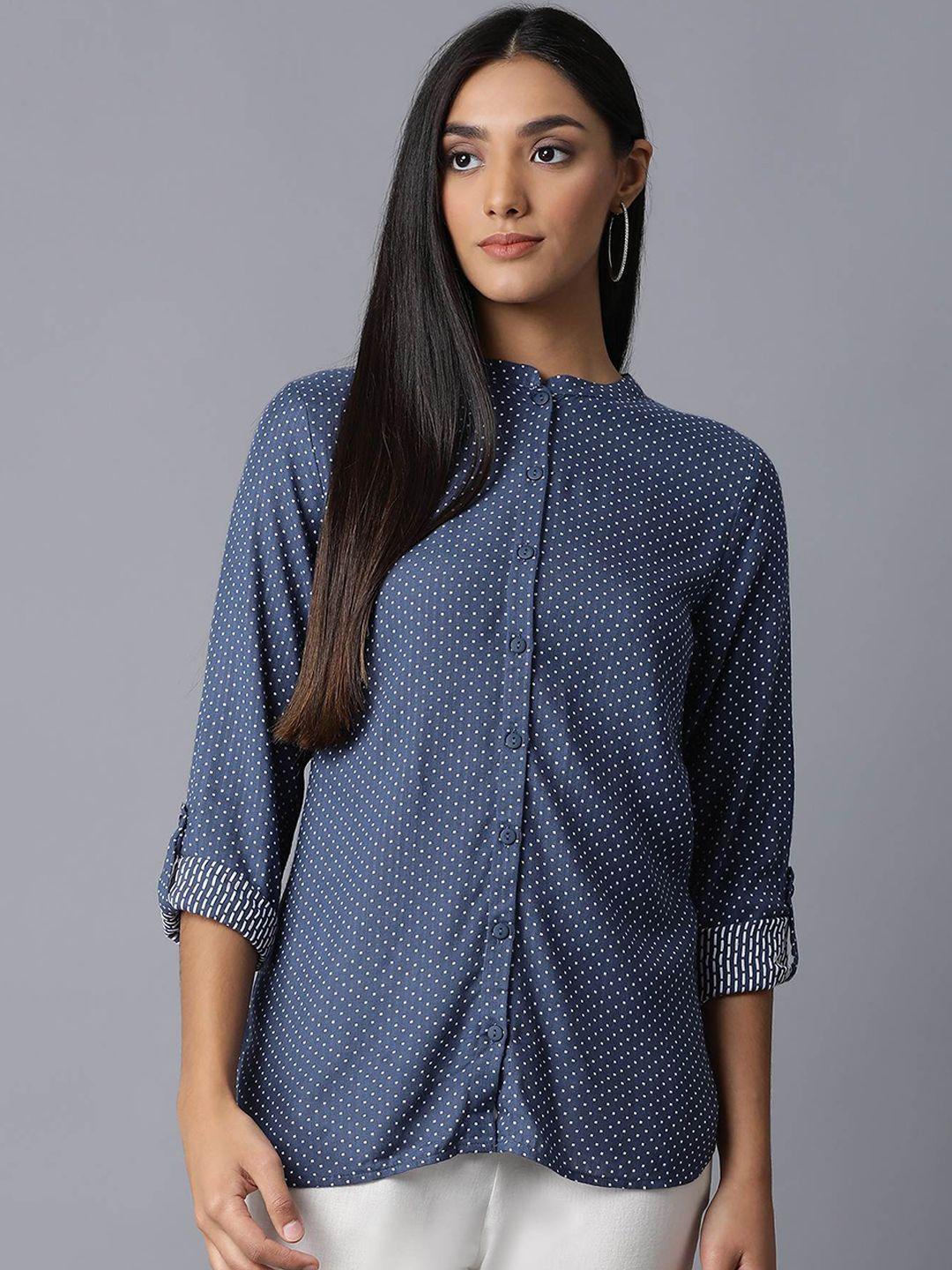 w-women-blue-and-white-polka-dots-printed-casual-shirt