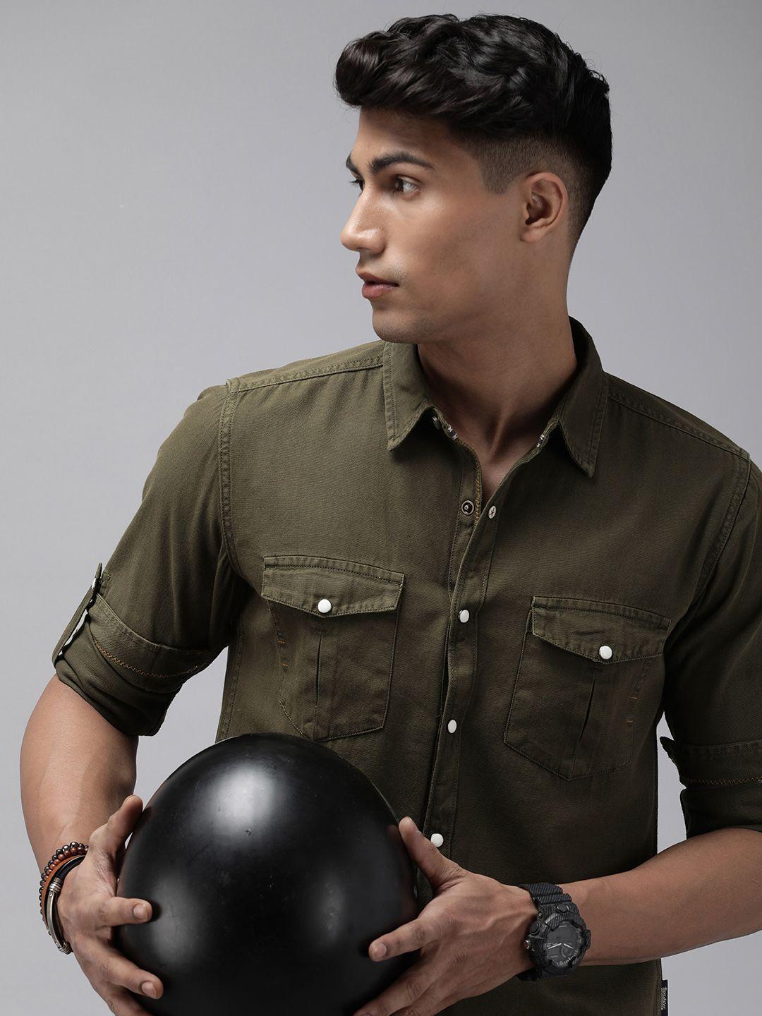roadster-men-olive-green-splid-roll-up-sleeves-pure-cotton-sustainable-casual-shirt