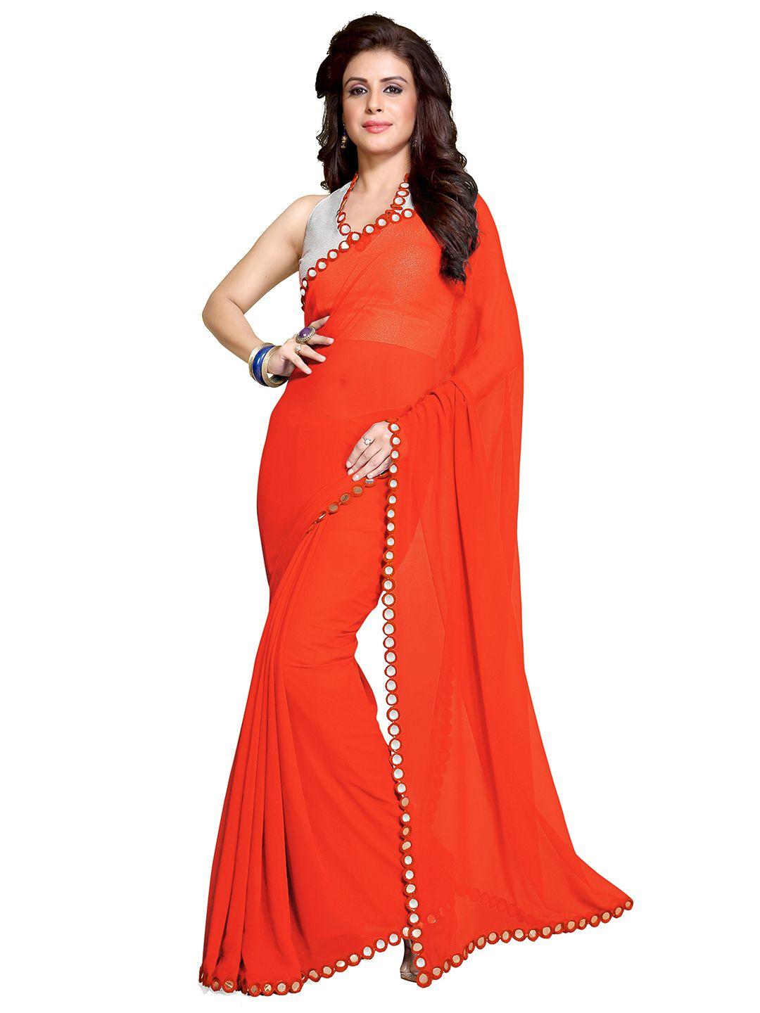kalini-orange-&-silver-toned-mirror-work-saree