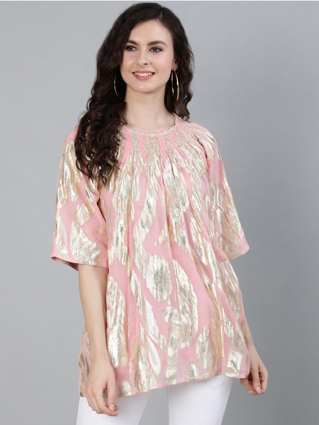 ishin-pink-&-gold-toned-extended-sleeves-crepe-a-line-top