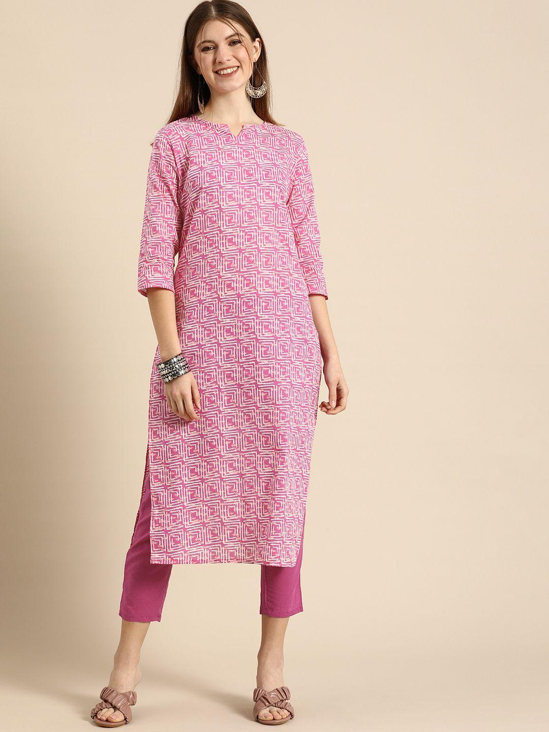 anouk-women-pink-printed-regular-pure-cotton-kurta-with-trousers