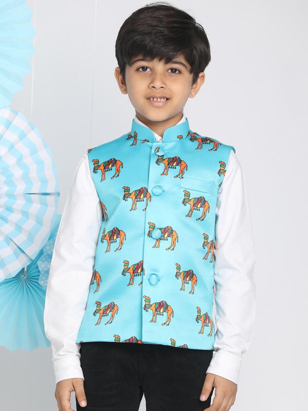 vastramay-boys-turquoise-blue-&-camel-brown-printed-animal-motif-slim-fit-nehru-jacket