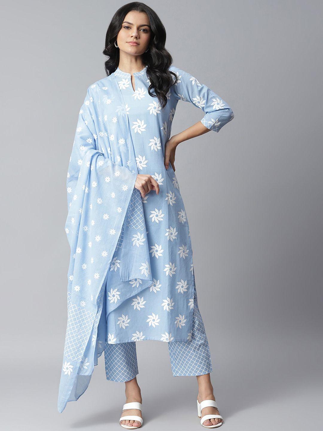 stylum-women-blue-&-white-floral-printed-pure-cotton-kurta-with-trousers-&-dupatta