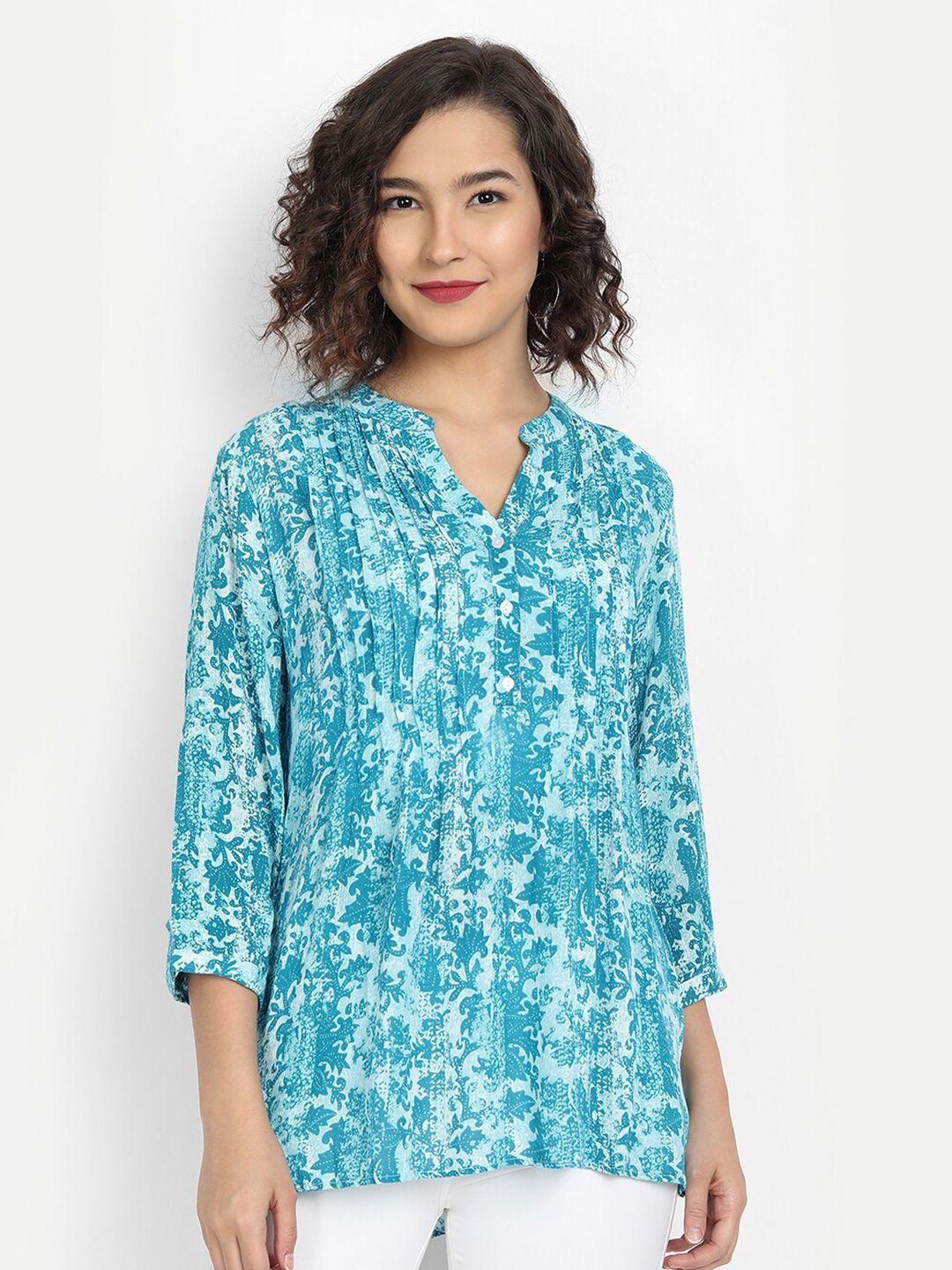 ix-impression-turquoise-blue-&-white-mandarin-collar-shirt-style-top