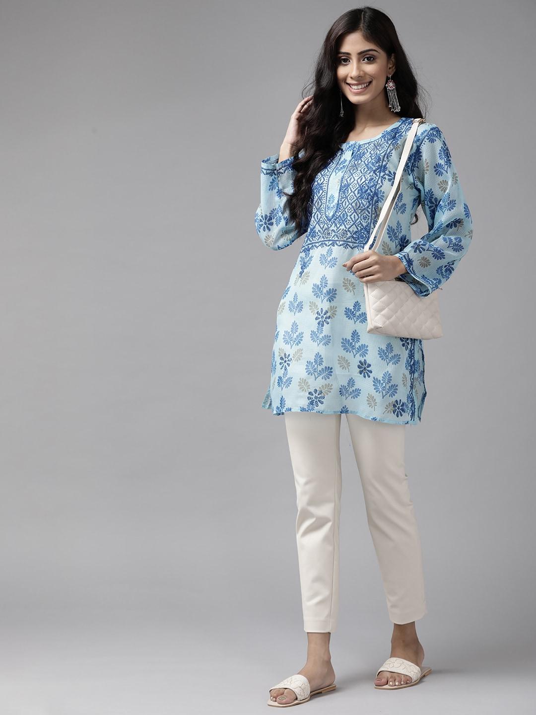 ada-blue-sustainable-ethnic-motifs-printed-flared-sleeves-chikankari-kota-kurti