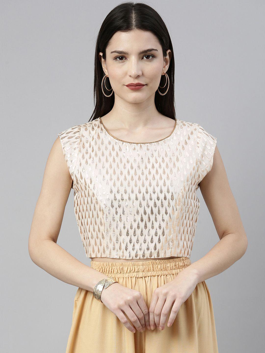 global-desi-women-off-white-&-gold-toned-woven-design-crop-top