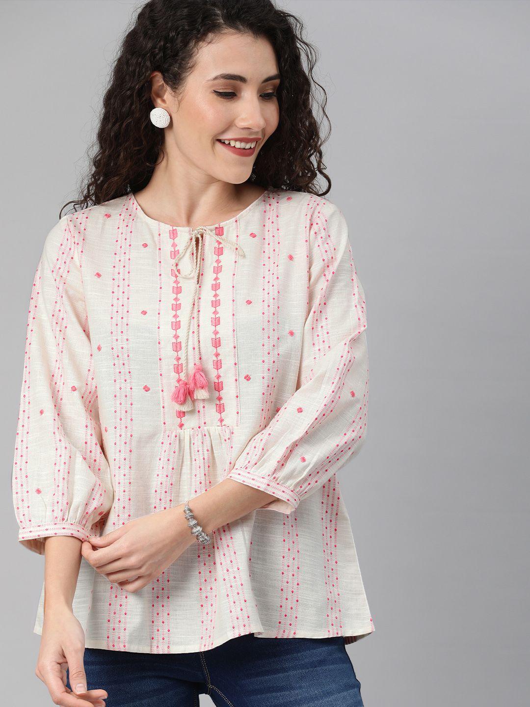 global-desi-off-white-&-pink-cotton-geometric-self-design-tie-up-neck-a-line-top