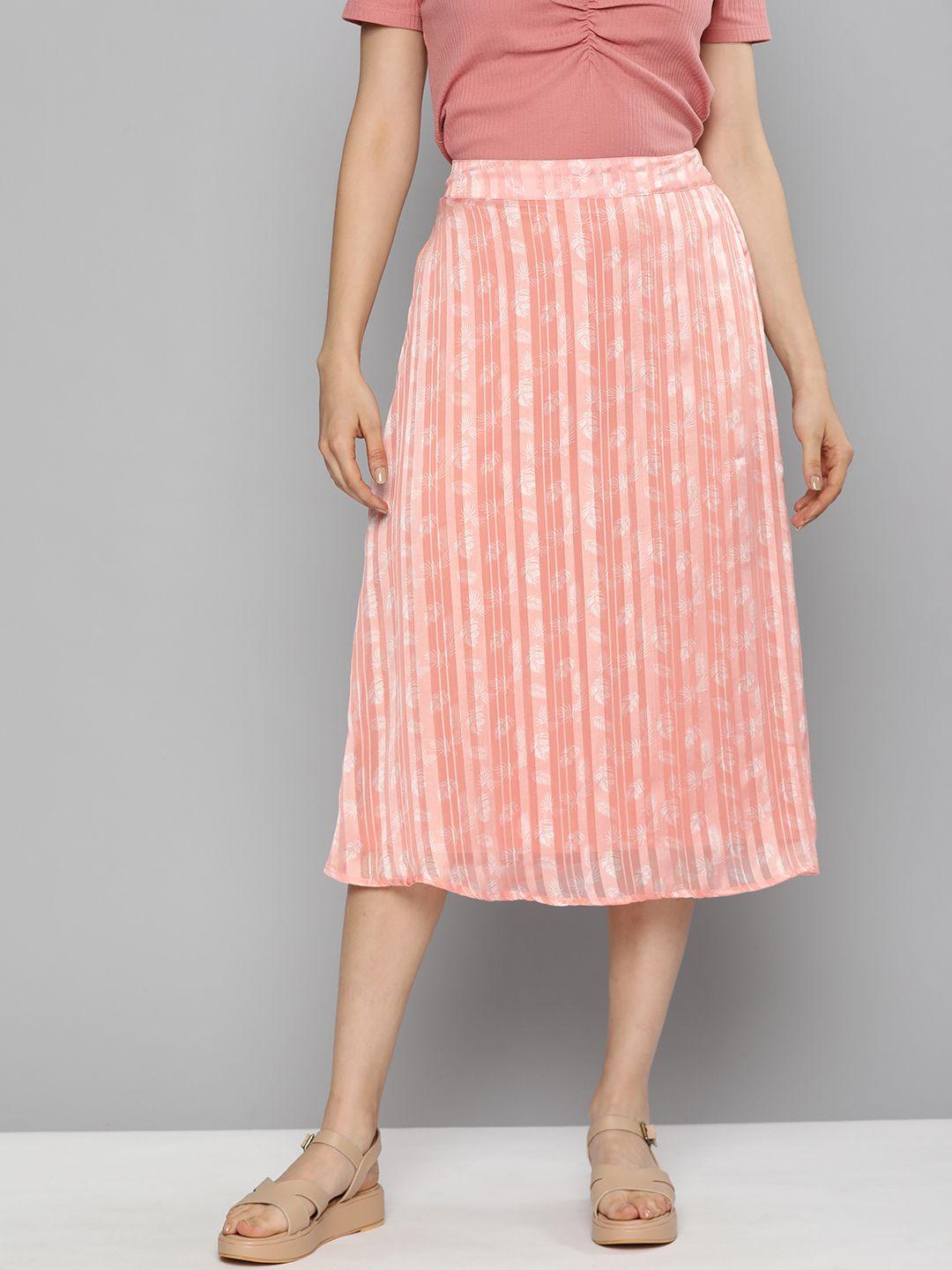 mast-&-harbour-women-coral-&-white-floral-printed-a-line-midi-skirts