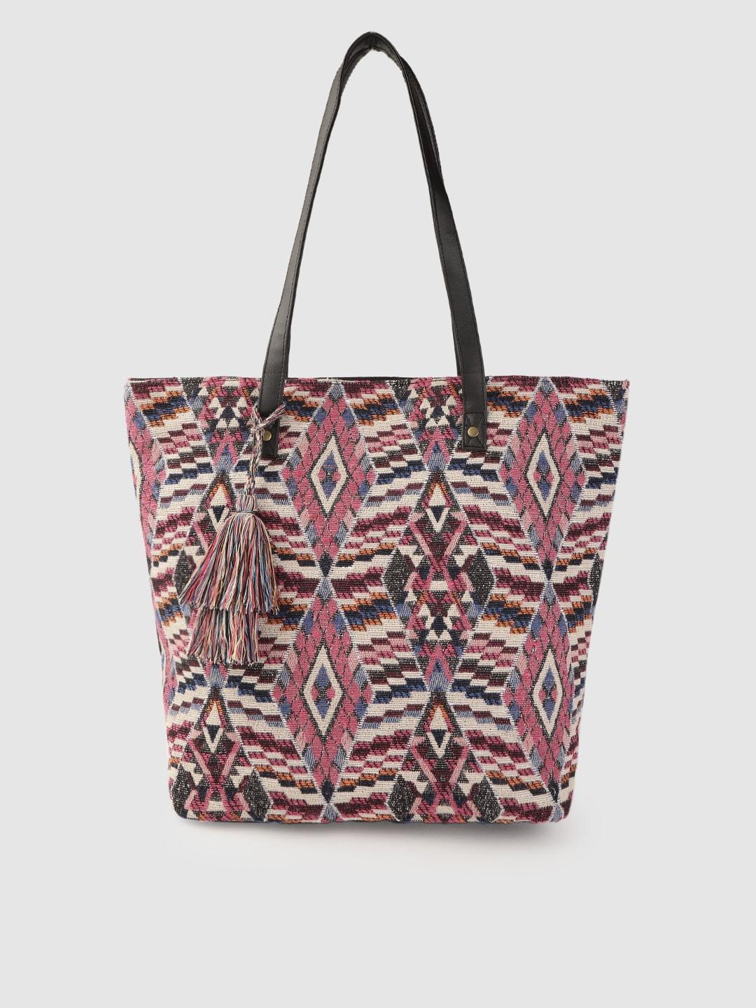 anouk-pink-&-black-geometric-patterned-shopper-tote-bag-with-tasselled-detail