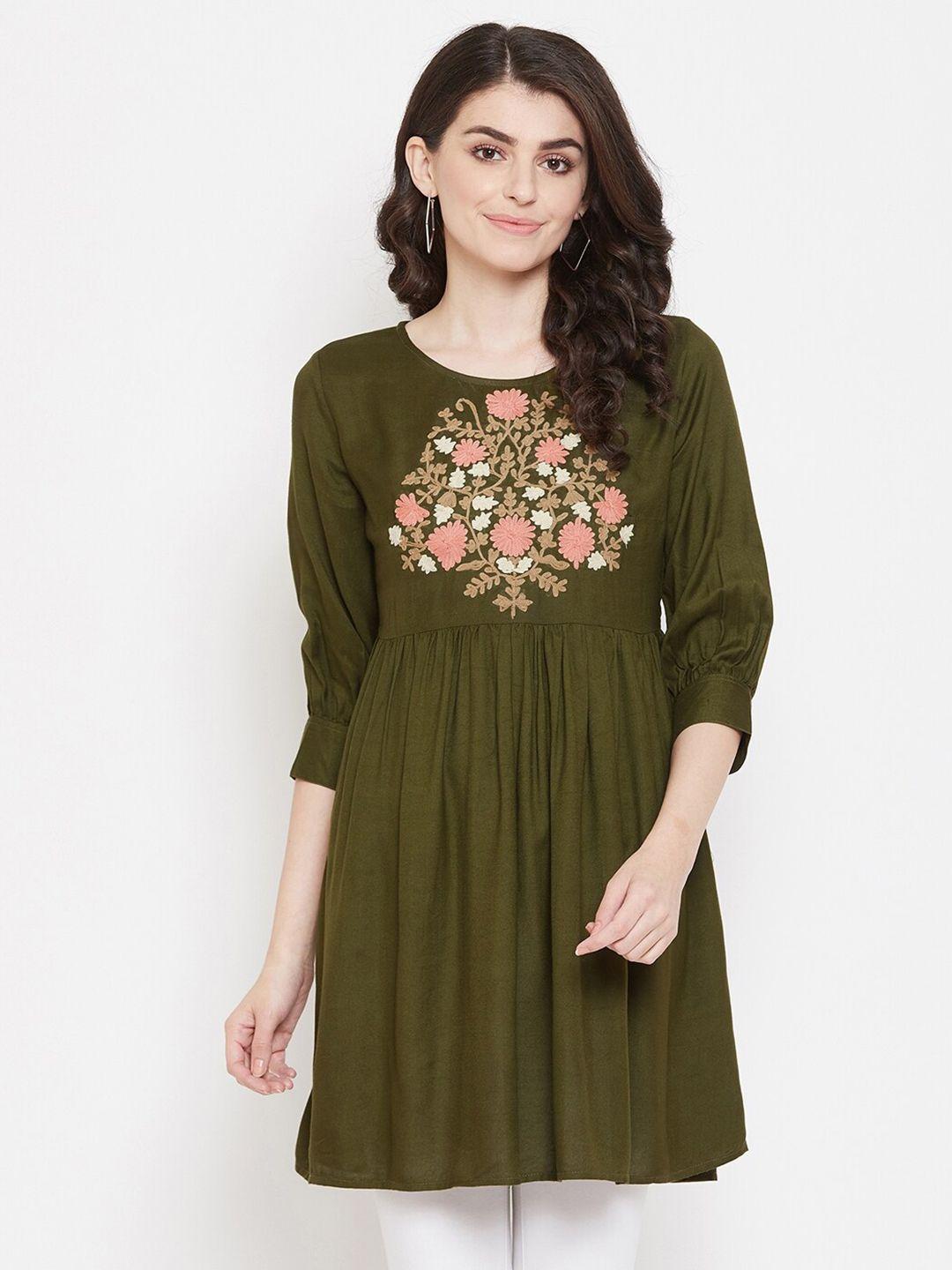 ruhaans-women-green-&-beige-viscose-rayon-floral-embroidered-tunic
