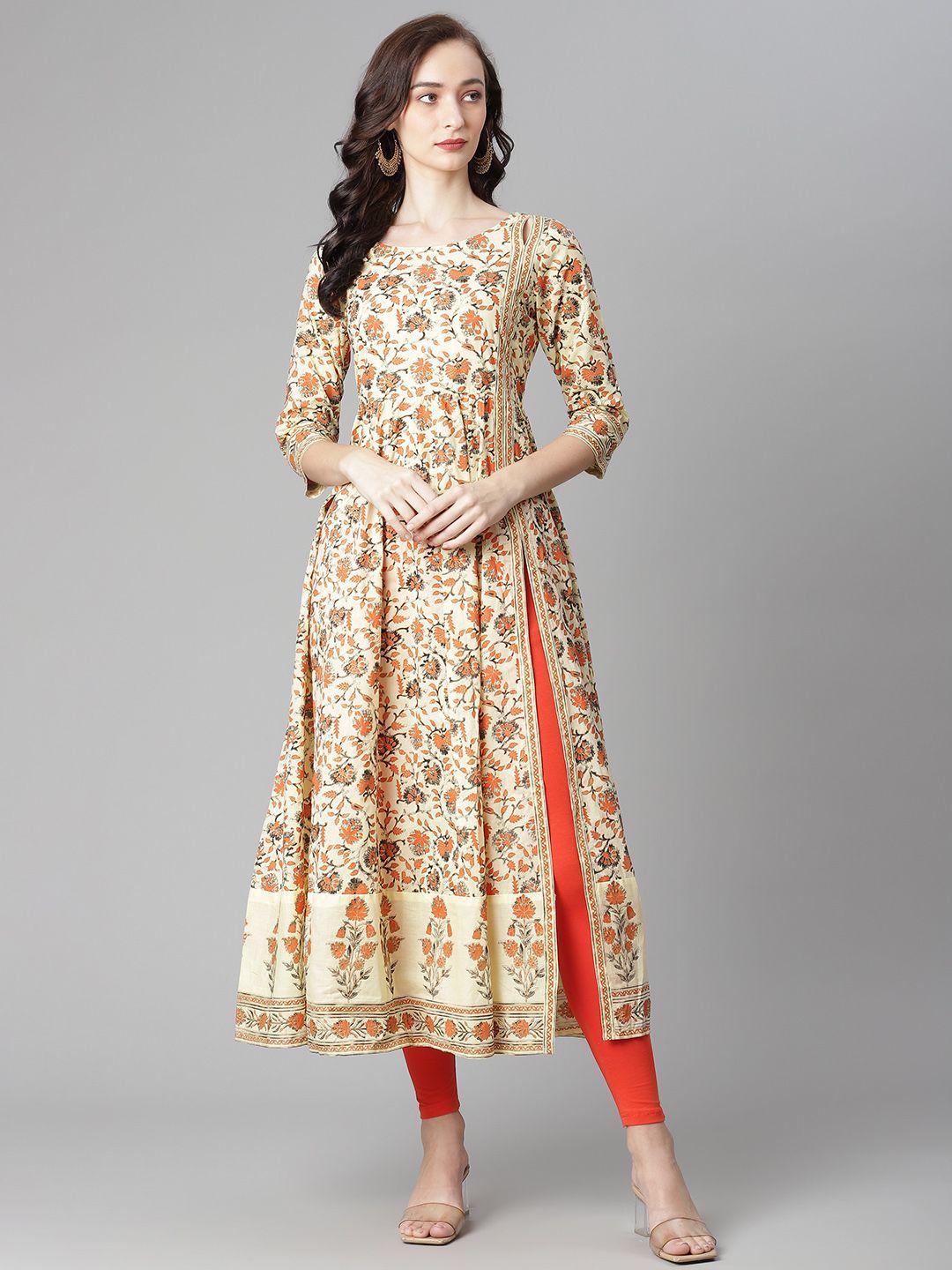 poshak-hub-women-cream-coloured-&-orange-printed-pure-cotton-anarkali-kurta-with-churidar