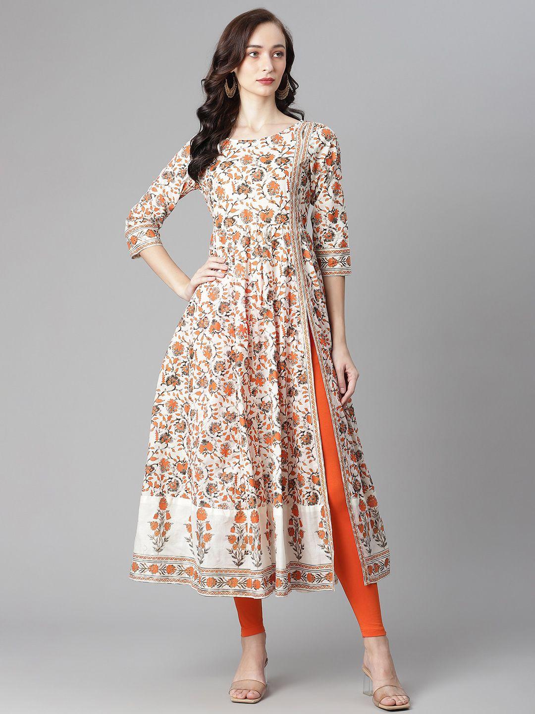 poshak-hub-women-white-&-orange-printed-pure-cotton-anarkali-kurta-with-churidar