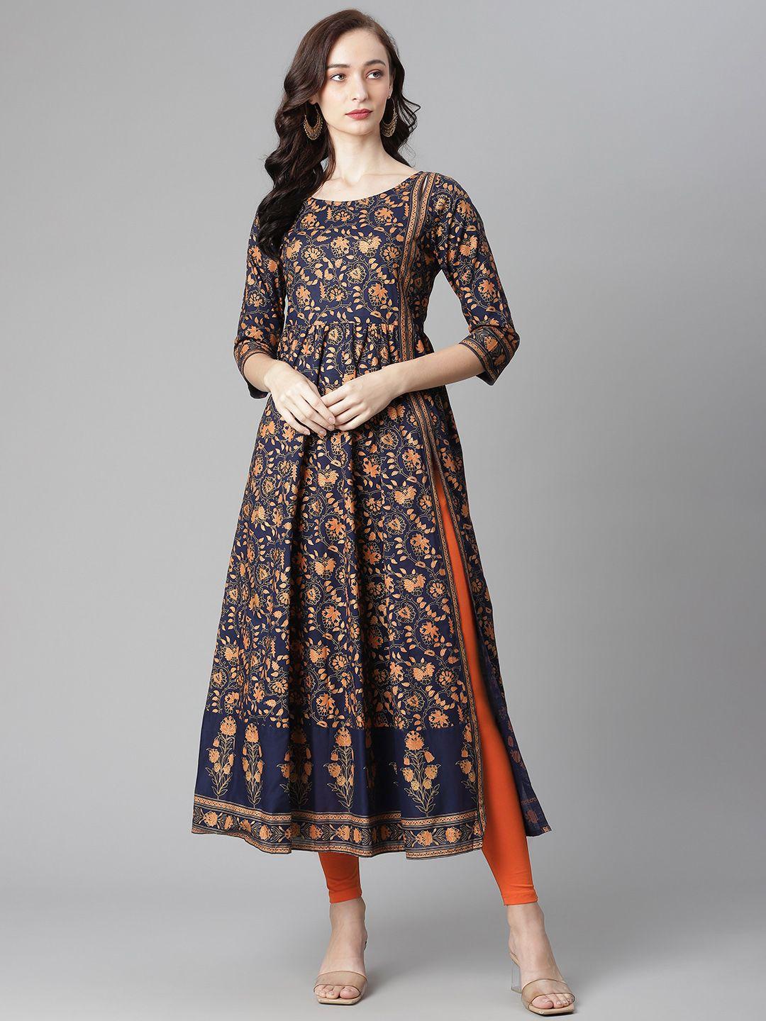 poshak-hub-women-navy-blue-&-orange-printed-pure-cotton-anarkali-kurta-with-churidar