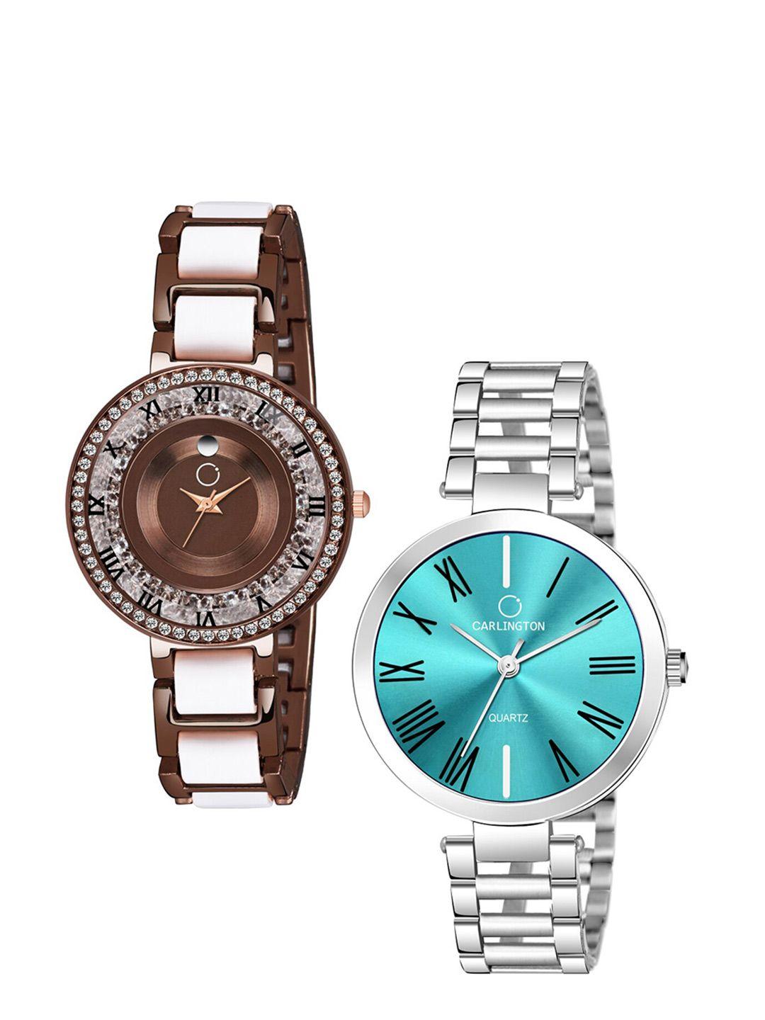 carlington-women-set-of-2-stainless-steel-bracelet-style-straps-analogue-watches