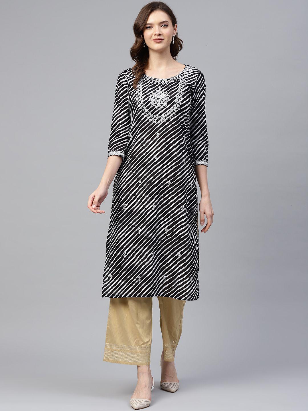 readiprint-fashions-women-black-&-white-leheriya-mirror-work-cotton-straight-kurta