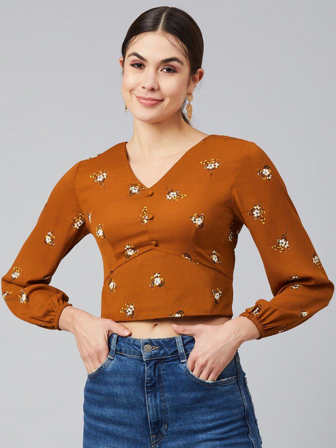 marie-claire-women-brown-&-white-floral-georgette-fitted-crop-top