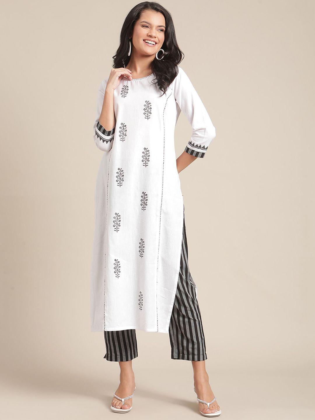 ksut-women-white-&-black-ethnic-motifs-block-printed-&-kantha-work-kurta-with-trousers