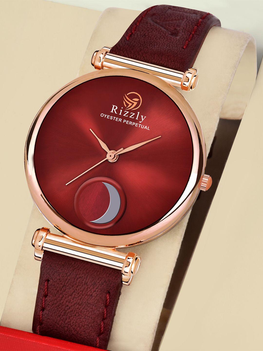 rizzly-women-maroon-brass-dial-&-neon-red-leather-straps-analogue-watch-rz-303
