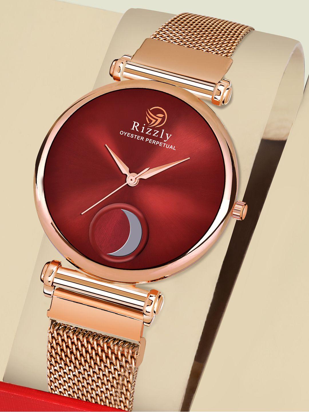 rizzly-women-maroon-brass-dial-&-rose-gold-toned-stainless-steel-bracelet-style-straps-analogue-watch