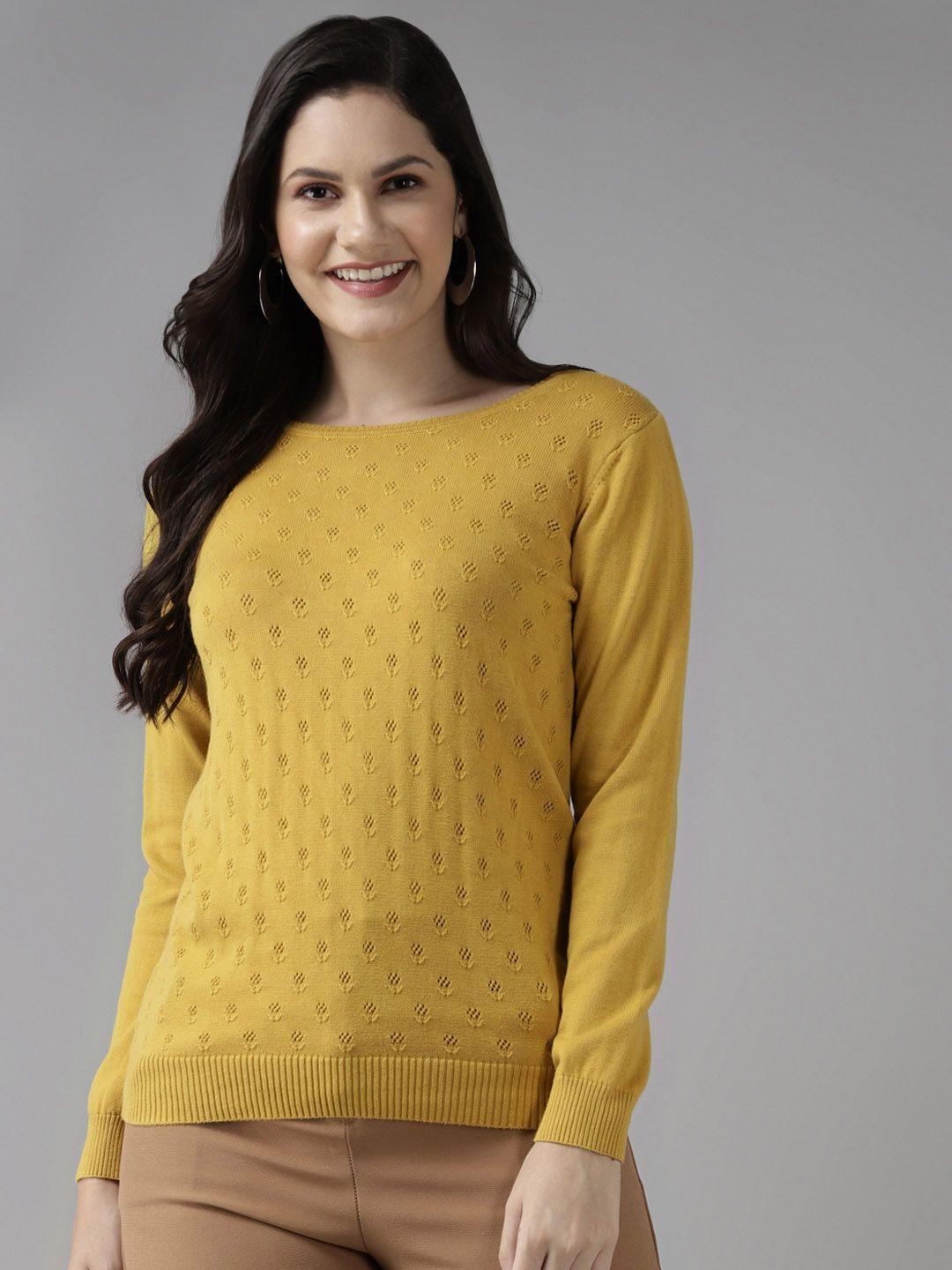 cayman-women-mustard-yellow-self-designed-floral-pullover-sweater